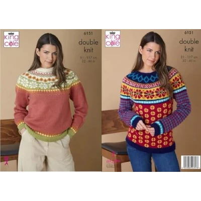Image of King Cole Knitting Pattern Ladies Double Knit Fair Isle Sweaters (6151)