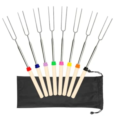 Image of 8 Pack Marshmallow Roasting Sticks,Extendable 32inch Long Metal Barbecue Skewers with Wooden Handle,for Marshmallow,Hot Dogs,Camping,BBQ,Grill