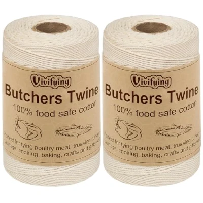 Image of Vivifying 2pcs Butchers String, 656 Feet /200M 3ply Cotton Twine, Food Safe Cooking String for Tying Meat, Kitchen Twine Making Sausage and Trussing Poultry (White)