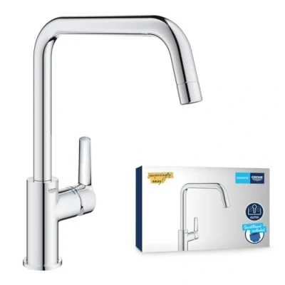 Image of GROHE QUICKFIX Start Kitchen Sink Mixer Tap (High U Spout, 150 Swivel Area, 1 Hole Installation, 28 mm Ceramic Cartridge, Tails 3/8 Inch, QuickMount Included), Size 310mm, Stainless Steel, 30470DC0