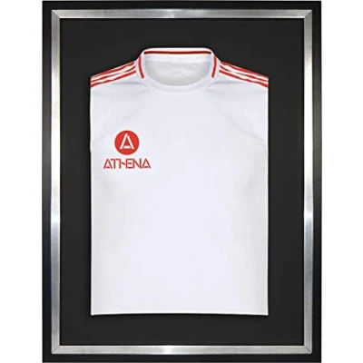 Image of Athena Premium Wood DIY Adult Standard Sports Shirt Display Frame for Football Shirt, Rugby Band T Shadow Box 60 x 80cm Black Frame, Platinum Inner Backing Card