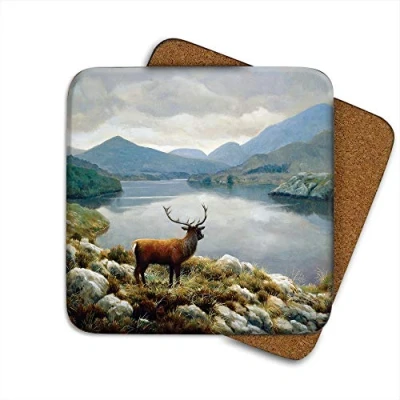 Image of Stag Lake Drinks Coaster by Wildlife Artist Julian Friers Individual Non Slip, Cork Backed Table