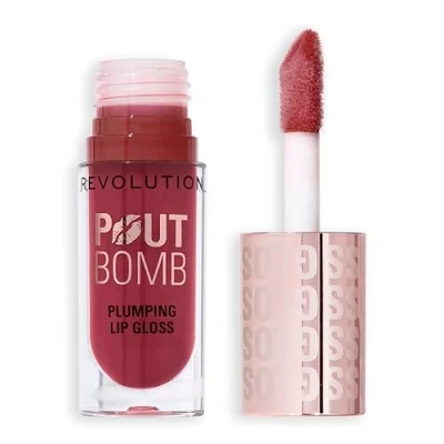Image of Revolution Beauty, Pout Bomb Plumping Lip Gloss, High Shine for Glossy, Fuller &amp; Plump Lips with Hyaluronic Acid Peptides, Vegan Cruelty Free, Rosewood Rose Pink