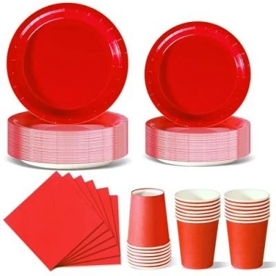 Image of Nkaiso Deep Red Party Tableware, 96 Pieces Colorful Supplies Set Solid Color Paper Plates Cups and Napkins for Birthday