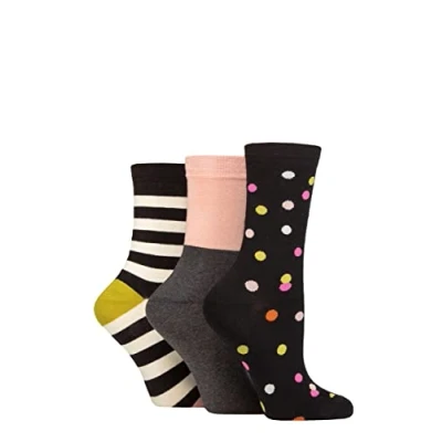 Image of Women&#039;s 3 Pair Caroline Gardner Patterned Cotton Socks Spots / Stripes Black 4 8