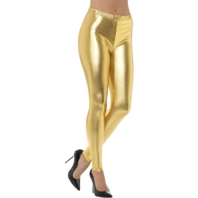 Image of Smiffys 80s Metallic Disco Leggings, Gold , 1980&#039;s Fancy Dress, 1980s Dress Up Costumes