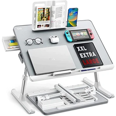 Image of Table, Folding desk, SAIJI 60*45cm Table lap for bed, Multi purpose Premium Lapdesk, Height Angle adjustable, with Book Stand, Drawer, Tablet slot, Eating, Working, Writing, Gaming, Drawing (Grey)