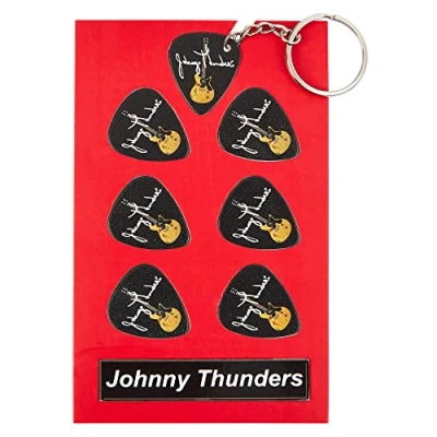 Image of Johnny Thunders Guitar Plectrum Gift Set 6 Artist Plectrums 1 Keyring