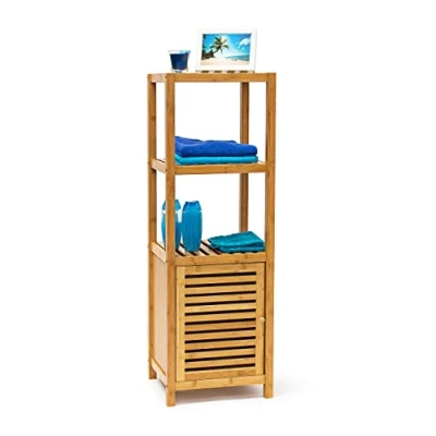Image of Relaxdays Bamboo Bathroom Shelves, 110 x 36.5 33 cm, Rack with Wooden Door Free Shelf Wood 4 Tier Stand, Brown