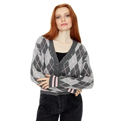 Image of Trendyol Women&#039;s Woman Regular Standard V Neck Knitwear Cardigan Sweater, Anthracite, S