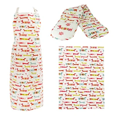 Image of SPOTTED Dog GIFT COMPANY Tea Towel, Apron and Oven Gloves Set of 3, 100% Cotton Quality Dachshund Themed Cooking Baking Kitchen Accessories, Sausage Gifts for Lovers Owners Women Men
