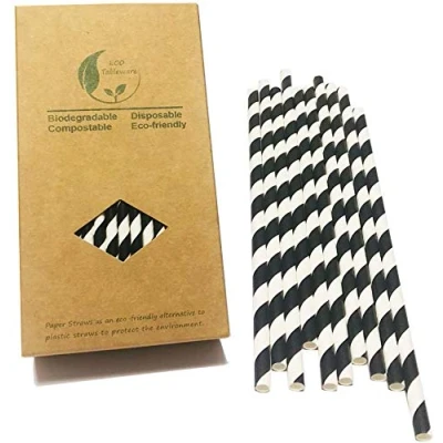 Image of YiYi Nature Daily Black Striped Paper Straws, and White Stripe Straws for Drinking 100 Pack Durable &amp; Biodegradable