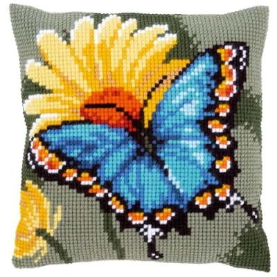 Image of Vervaco Cross Stitch Kit: Cushion: Butterfly &amp; Yellow Flower, COTTON, NA, 40 x 40cm
