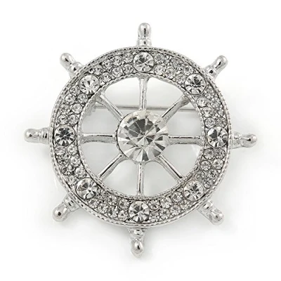 Image of Avalaya Silver Plated Clear Crystal Ship&#039;s Steering Wheel Brooch 35mm D
