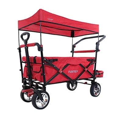 Image of FUXTEC folding/foldable wagon hand cart garden trolley carriage of children outdoor transport fishing hiking removable canopy interior extension dual brake system CT800