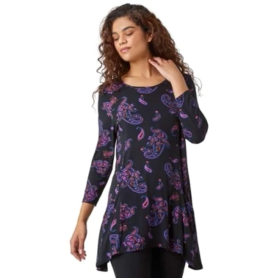 Image of Roman Originals Swing Top with Pockets for Women UK Ladies Hanky Hem Asymmetric Tunic Blouse Longline Long Stretch Jersey Casual Round NeckTee Shirt T Purple Size 12