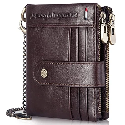 Image of gzcz Mens Wallet RFID Blocking Soft Genuine Leather Gents with Chain, Double Zipper Men Wallets Coin Pocket Slim Purse Bifold