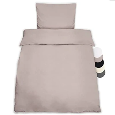 Image of Beautissu Single Bedding Set 155x220 cm Julie 1 Duvet Cover 100% Cotton for a Bed with Pillowcase &amp; Blanket Taupe
