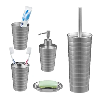 Image of Relaxdays 5 Piece Bathroom Accessory, Brushed Stainless Steel, Complete Toilet Set, Modern Design, Silver, 37 x 11 cm