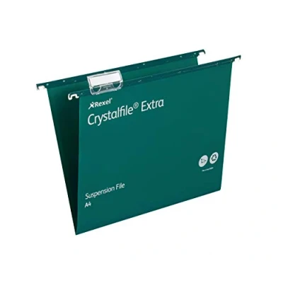 Image of Rexel A4 Heavy Duty Suspension Files with Tabs and Inserts for Filing Cabinets, 15 mm V base, Polypropylene, Green, Crystalfile Extra, Pack of 25, 70634