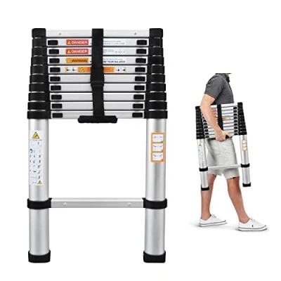 Image of 3.2M Telescopic Multi Purpose Ladder Portable Aluminium 10.5 Ft Light Weight Extendable Attic Max 150KG Load for Outdoor Indoor Home Loft Office, UK Stock