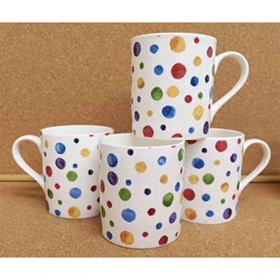 Image of Polka Dots Painted Effect Mugs Set of 4 Balmoral Multi Colour Spotty Chintz Fine Bone China 9.5oz 275ml Cups Hand Decorated UK