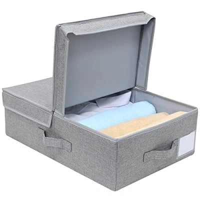 Image of Folding Fabric Underwear Clothes Storage Organizer Baskets with Rigid Lid &amp; Handles, Good for Bookshelves, Cabinet, Stairs, Closet in Bedroom, Dorm room, Dark Gray