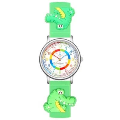 Image of Alienwork Kids Children&#039;s Teacher Watch Boys Girls Silver Strap Green Multi Coloured Kid Waterproof 5 ATM Learning Time