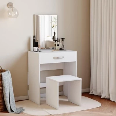 Image of Vida Designs Dressing Table Isla 1 Drawer Mirror &amp; Stool Bedroom Set Makeup Vanity Cosmetics Storage Desk Dresser Furniture White