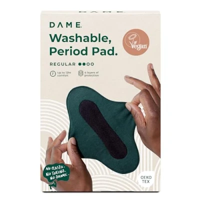 Image of Dame Reusable Period Pad Regular Ultimate Comfort &amp; Protection Organic Cotton Leak Proof Odour Control Washable Menstrual Pads for Medium Flows, Black