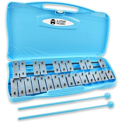 Image of A Star 25 Note Soprano Chromatic Glockenspiel Xylophone in Blue Case with Silver Keys and Two Plastic Beaters 2 Octaves G5 to G7
