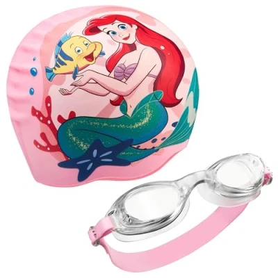 Image of Disney Children&#039;s Swimming Goggles and Cap Set Anti Fog UV Protection (Pink Ariel, 3 6 Years)