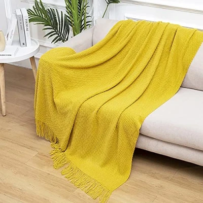 Image of LumiSyne Knitted Throw Blanket With Tassel Solid Color Grain Texture Cozy Fluffy Warm Soft Throws Decorative Blankets For Settee Armchair Couch Bed Office 230x130cm