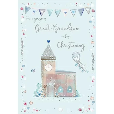 Image of ICG Gorgeous Great Grandson Christening Day Card Church, Hearts and Balloon