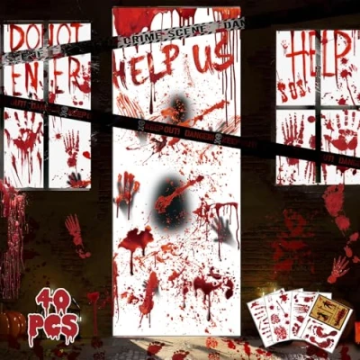 Image of Halloween Decorations Indoor Window Stickers, Zombie Poster Set Reusable Accessories, Scary Bloody Handprints Footprints Wall Stickers for Party