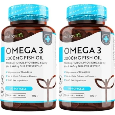 Image of Omega 3 2000mg with 660mg EPA &amp; 440mg DHA per Serving (2 Packs of 240) 480 Softgel Capsules Sustainably Sourced Pure Fish Oil Made in The UK by Nutravita