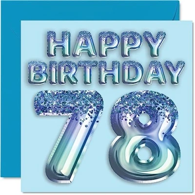 Image of 78th Birthday Card for Men Blue Glitter Party Balloon Happy Cards 78 Year Old Man Great Grandpa Grandad Dad Gran, 145mm x Seventy Eight Eighth Greeting Gift