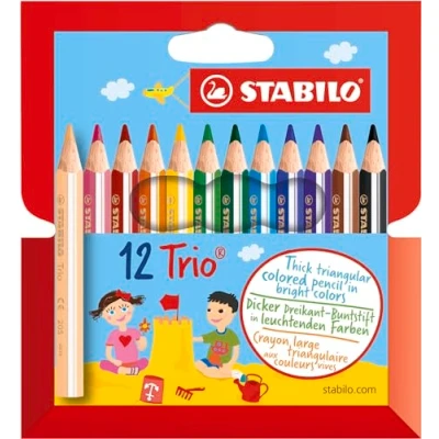 Image of Triangular Colouring Pencil STABILO Trio thick short Pack of 12 Assorted Colours
