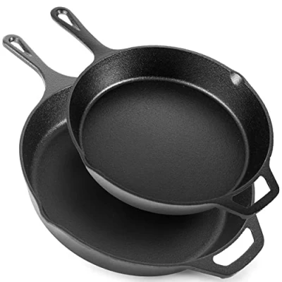Image of nuovva 2pcs Cast Iron Skillet Set Pre Seasoned Frying Pan Oven Safe Grill Cookware for Outdoor &amp; Indoor Use (Chef 10 inch 25cm and 12 30cm)