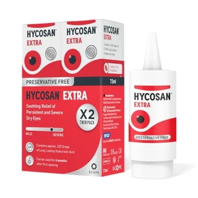 Image of Hycosan Extra Twin Pack Eye Drops with Hyaluronic Acid for Soothing Relief of Severe and Persistent Dry Eyes Contact Lens Compatible Preservative Free 2 x 225 Measured Doses