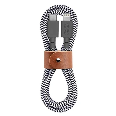 Image of Native Union Belt Cable USB C to Lightning 1.2m(4ft) Ultra Strong Reinforced Charging with Leather Strap [MFi Certified] Compatible iPhone 14, 13 and earlier (Zebra)