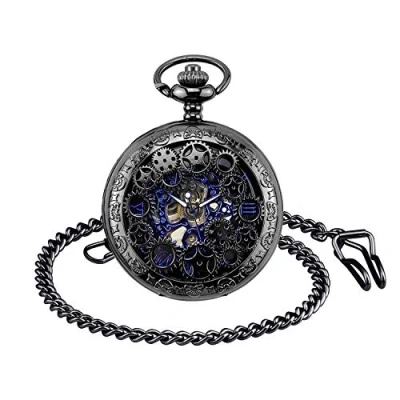 Image of MICGIGI Unisex Mechanical Hand Wind Pocket Watch Retro Gear Punk Skeleton Fob Watches with Chain