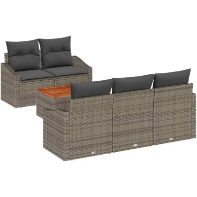 Image of vidaXL 6 Piece Garden Sofa Set with Cushions Grey Poly Rattan Acacia