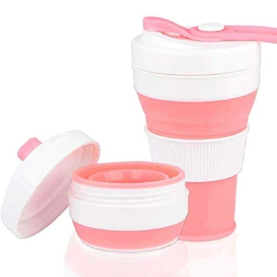 Image of AniSqui Collapsible Coffee Cup Silicone [Cup Mouth with Thread], (16oz 450ml, BPA Free Eco Reusable Cup), Portable Lids, Foldable Mugs (Pink)