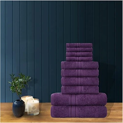 Image of GC GAVENO CAVAILIA 10 Pcs Bathroom Towel Bale Set 100% Egyptian Cotton, Super Absorbent Striped Quick Dry Towels Set, Purple