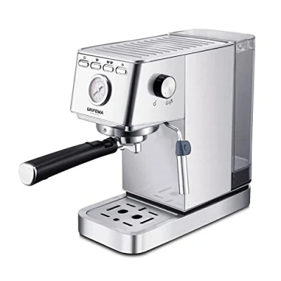Image of GRIFEMA GC3003 Coffee Maker, Cappuccino Automatic Espresso, Filter Holder Arm with Double Exhaust and Two Filters, 20 Bar Pressure, Removable 1.4L Tank, 1350 W, BPA Free, Plata