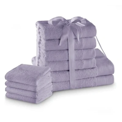 Image of AmeliaHome Set 10pcs 4 Guest Towels 30x50 cm, 50x100 cm and 2 Bath 70x140 100% Cotton Absorbent Lilac Violet Purple Amari