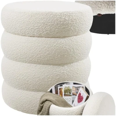 Image of TecTake® Bouclé Stool in Scandi Style with Storage Space, Padded Seat Cushion, Removable Lid, Sturdy MDF Frame &amp; Non Slip Feet, No Assembly Soft Footstool for Bedroom, Living Room Hallway