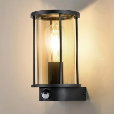 Image of BRIMMEL Outdoor Wall Lights with Motion Sensor Waterproof Anti Rust Lamp Aluminium Black Garden Sconce Mains Powered E27 Base Glass Outside Lantern for Patio Garage Porch, Bulb not Included