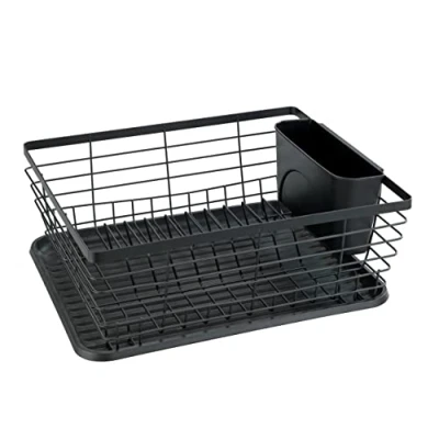 Image of WENKO Dish Drainer Drip for Dishes, Ideal Sitting Next to the Sink, Made of Powder Coated Metal and Plastic, 36 x 30.5 15cm, Black